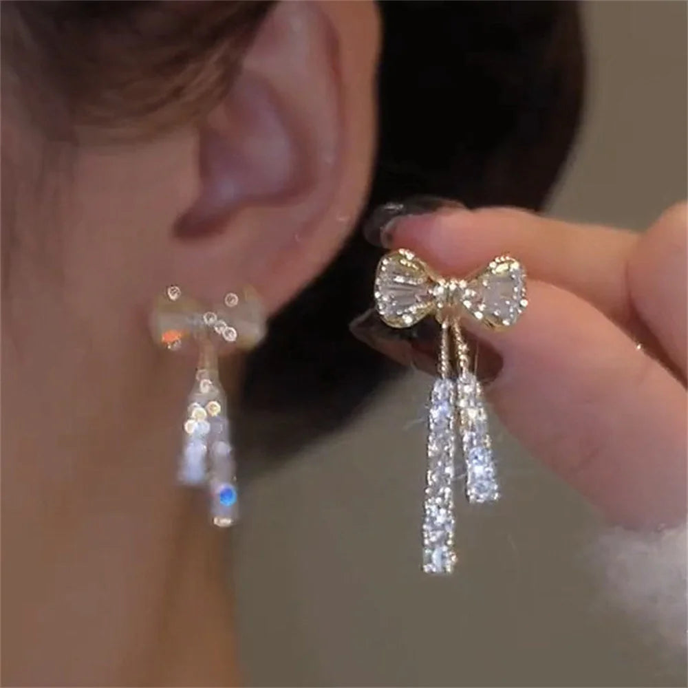 Zircon Bow Tassel Earrings