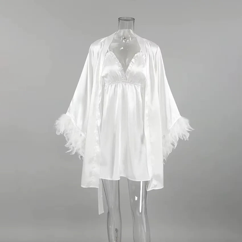 Feather-Trim Bridal Kimono