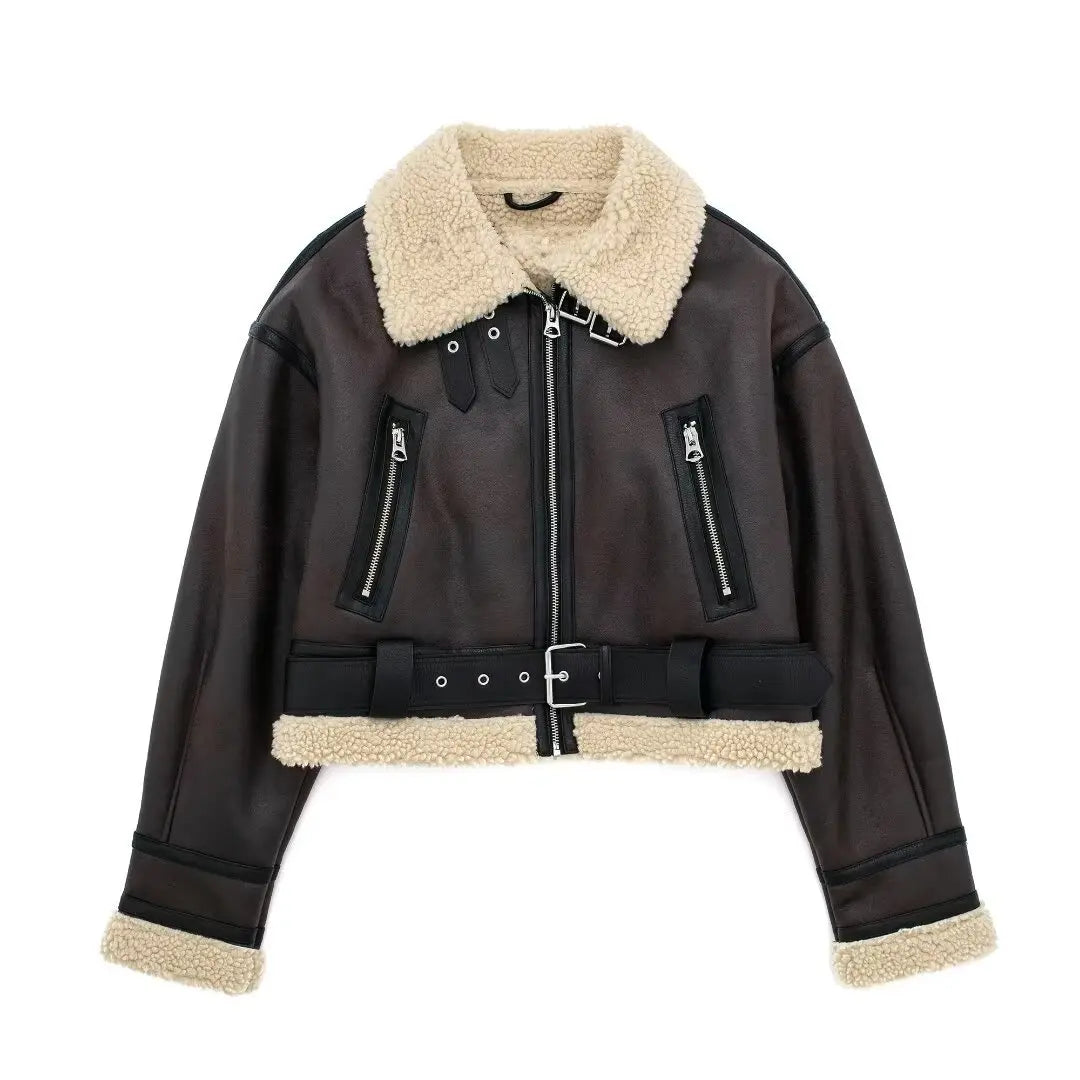 Belted Faux Shearling Moto Jacket