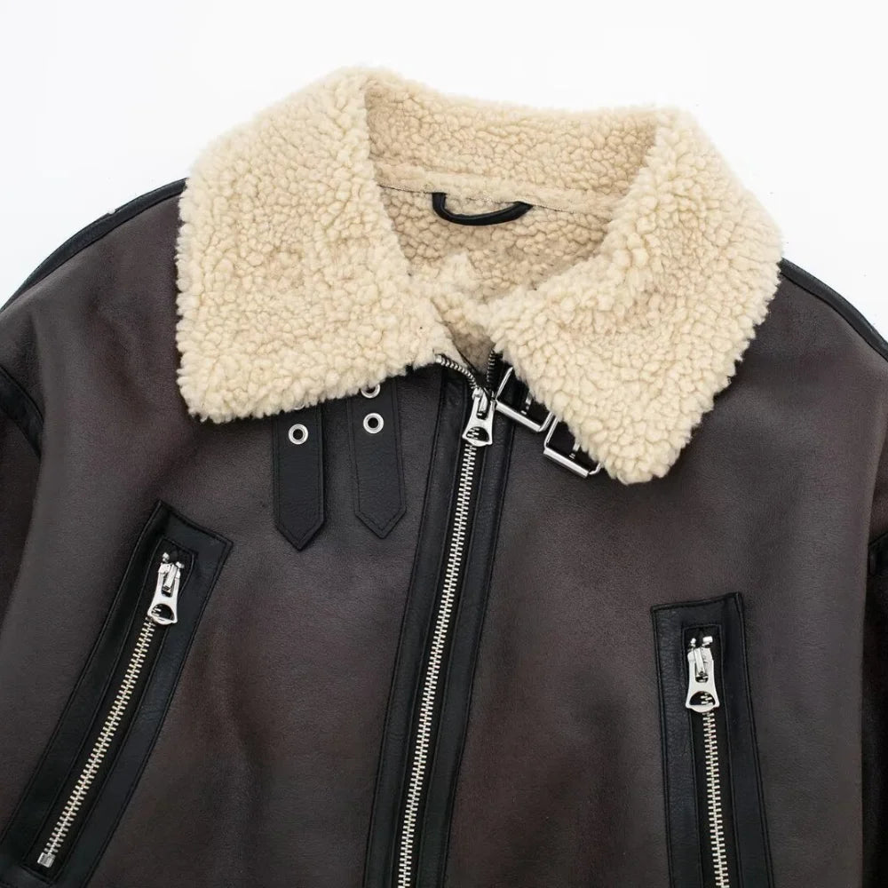 Belted Faux Shearling Moto Jacket