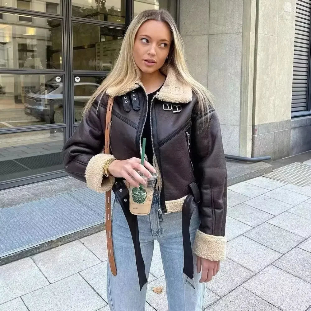 Belted Faux Shearling Moto Jacket