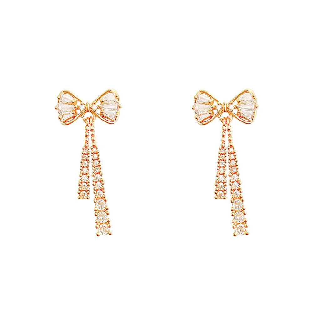 Zircon Bow Tassel Earrings