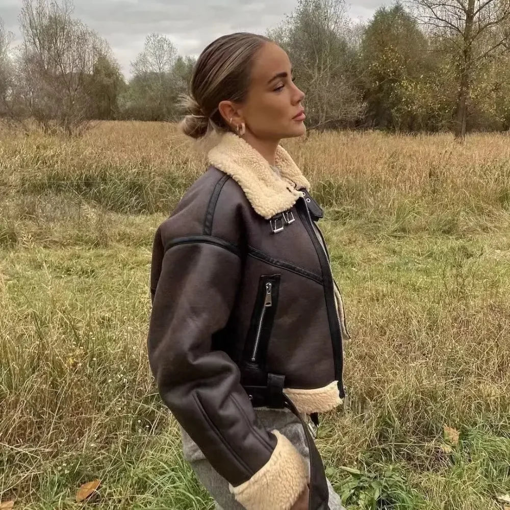 Belted Faux Shearling Moto Jacket