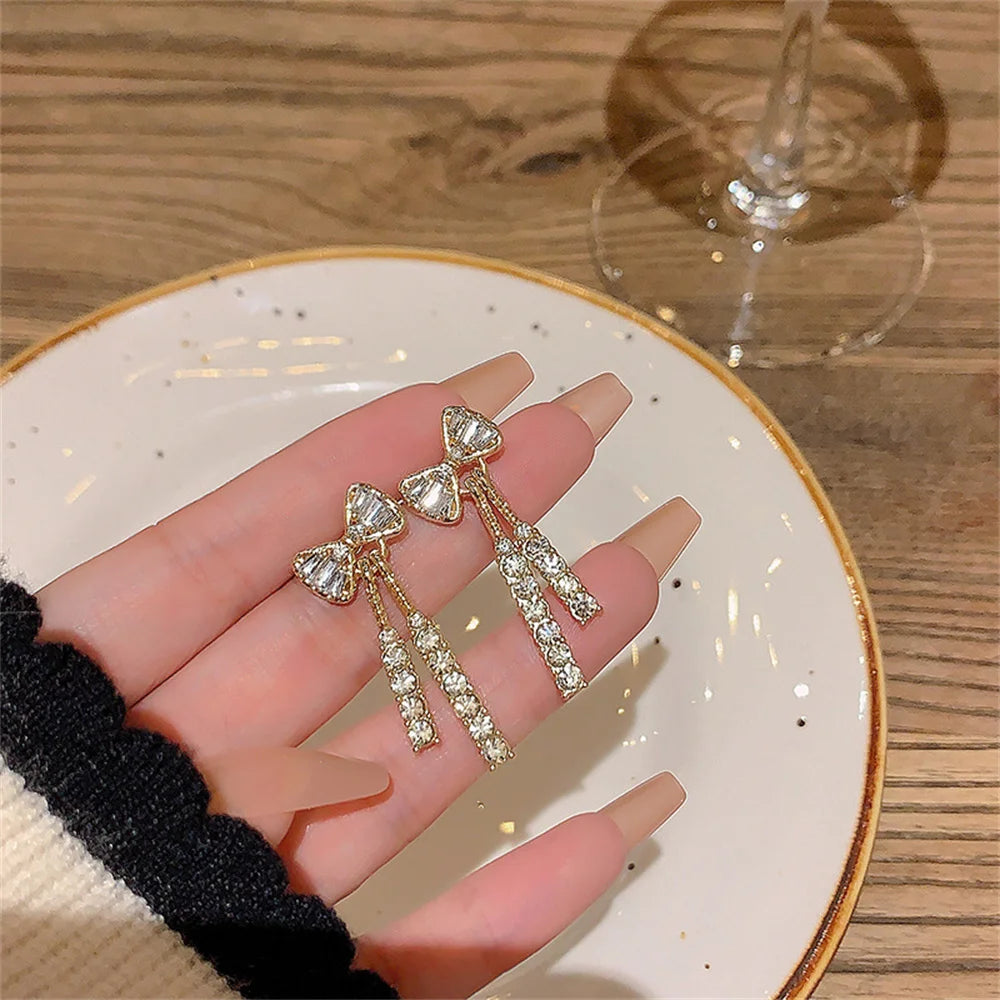 Zircon Bow Tassel Earrings