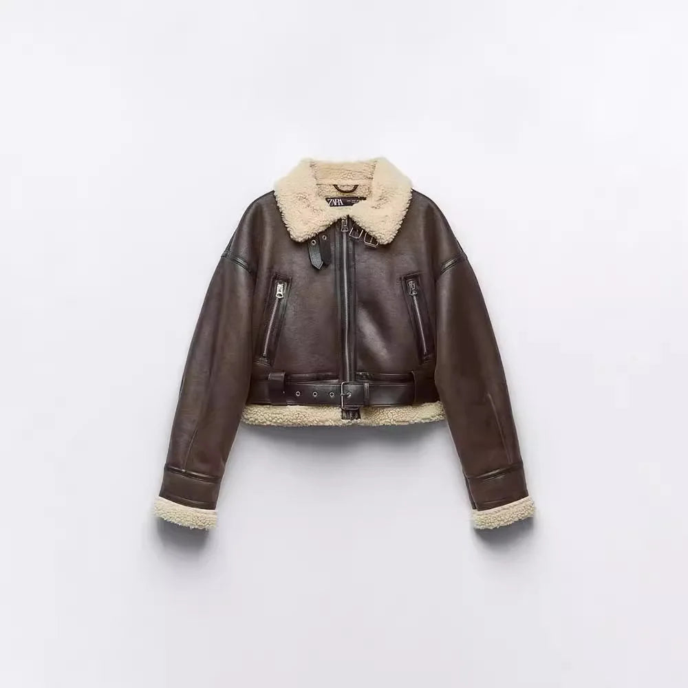 Belted Faux Shearling Moto Jacket