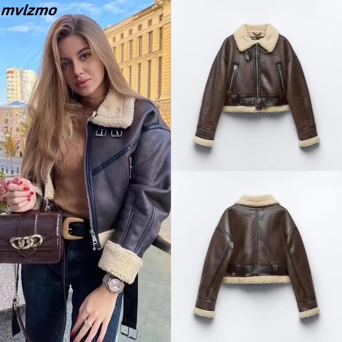 Belted Faux Shearling Moto Jacket