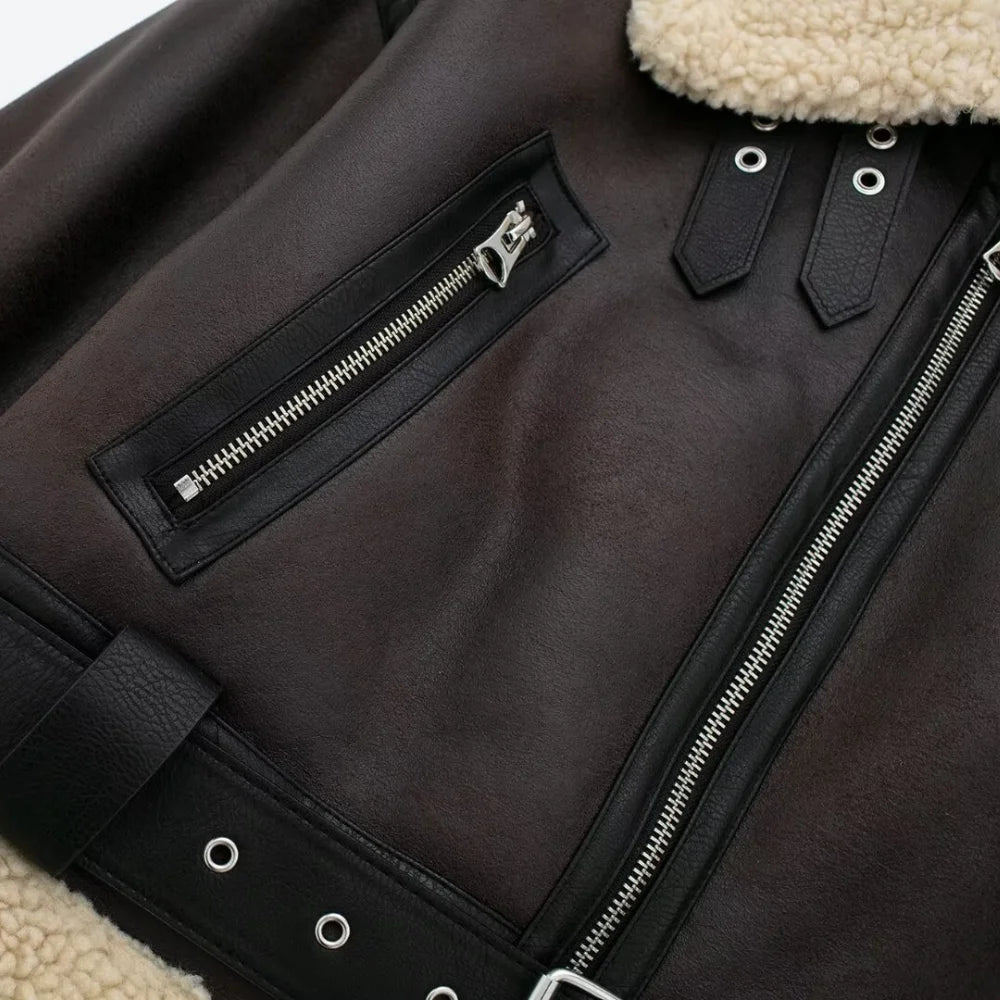 Belted Faux Shearling Moto Jacket