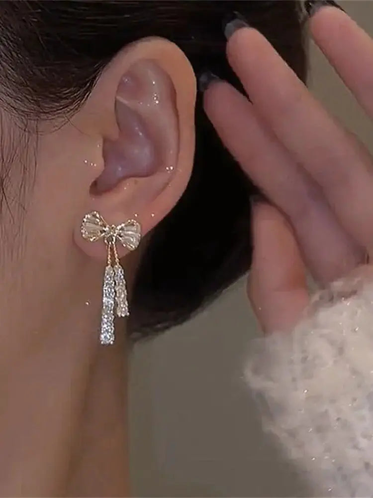 Zircon Bow Tassel Earrings