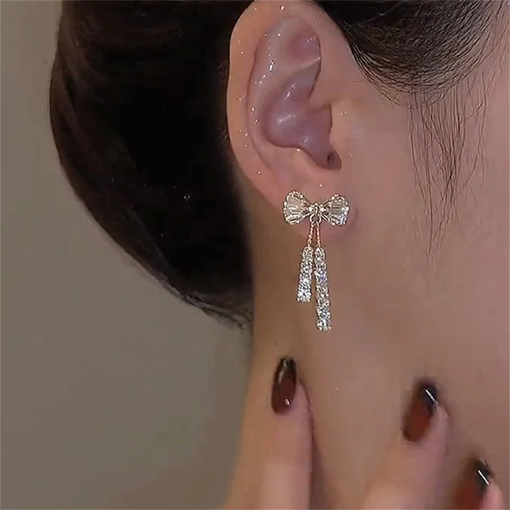Zircon Bow Tassel Earrings