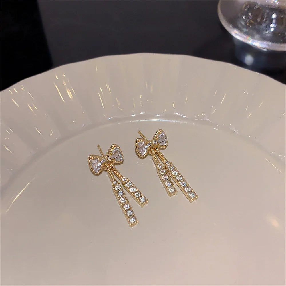 Zircon Bow Tassel Earrings